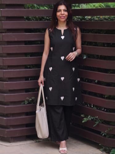 Image of ANNI Designer Kurta Set for Women Cotton Blend Embroidered | Kurti Set for Woman | Farshi Salwar Suit Kurta Palazzo Outfit | Round Neck V Slit Sleeveless Regular Fit Ethnic Dress Stylish Clothing