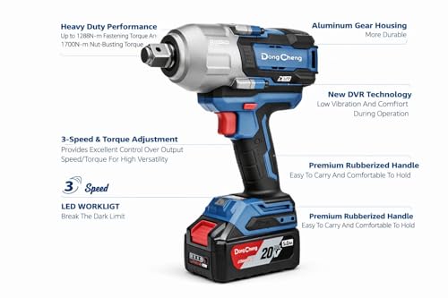 Image of DongCheng 20V Cordless Impact Wrench | Brushless Motor | 1288 N.M Max Torque | 1700 N.M Nut Busting Torque | (3 /4 inch) 19mm Square Drive | 2 X 5.0Ah Lithium-Ion Battery | 1 X Charger | Heavy Duty |