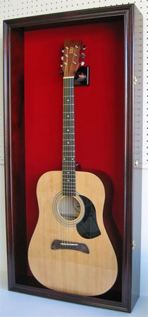 Displaygifts 42" Large Acoustic Guitar Display Case Cabinet, Fit Most Guitars, With Lock, Mahogany Finish (Red Background, Mahogany Finish) #TOP1