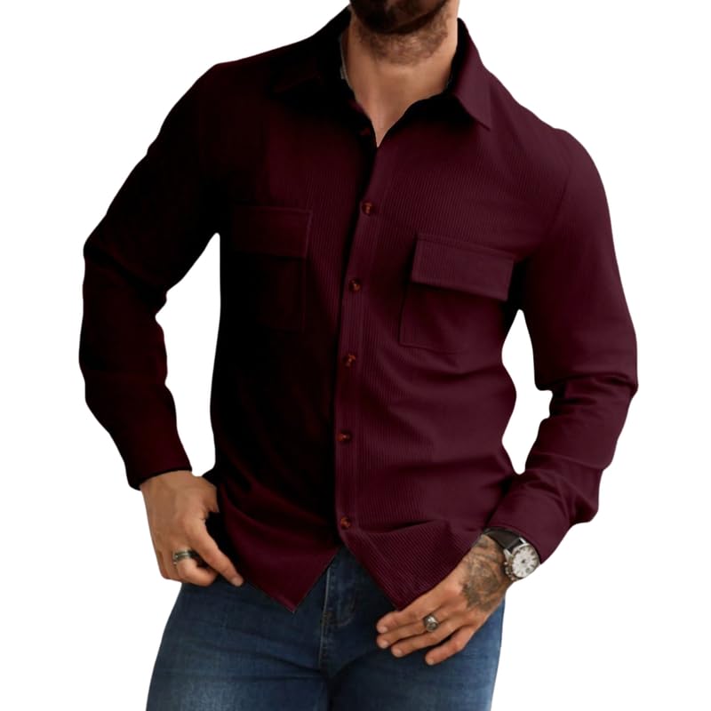 Image of COMBRAIDED Corduroy Men's Full Sleeve Casual Striped Shirt - Comfort Fit, Ideal Stylish and Versatile Clothing