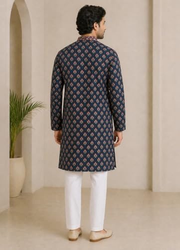 Image of Tattva Men Navy Blue Geometric Design Sequined Jacquard Kurta with Pyjamas