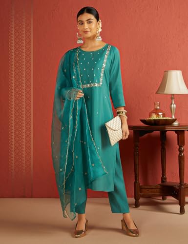 Image of Kaari Women's Hand Embroidered Kurta Set with Dupatta - Straight Fit | Silk Blend Fabric with Dabka Work | Sequin Work Organza Dupatta | Straight Pant with Side Pocket | Kurta Set For Women