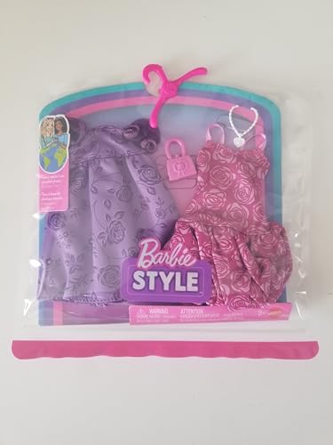 Barbie Style Fashion Pack, 2 trajes florales rosa y púrpura con accesorios para muñecas Barbie