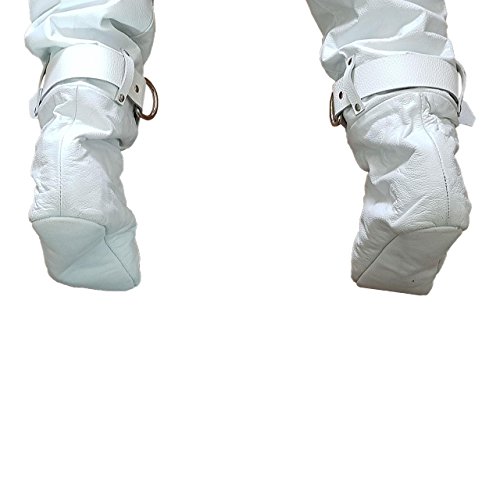 Men Real White Leather Locking Bondage Chastity Jeans with Rear Zip BLUF4