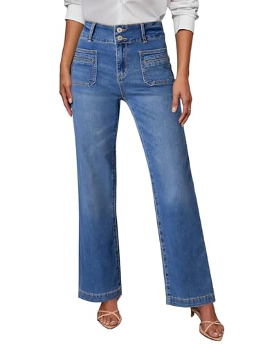 Sidefeel Women's Wide Leg Jeans Hight Waisted Tummy Control Straight Leg Flare Trendy Denim Pants Dark Blue Size 12