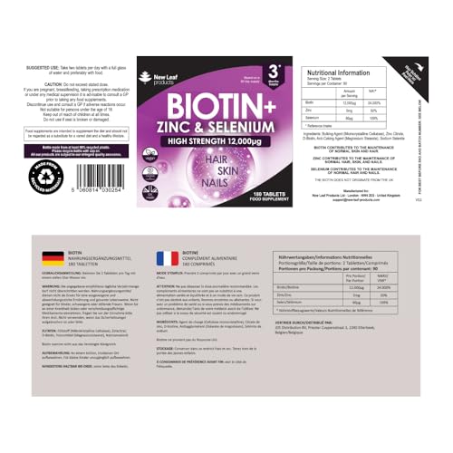 Biotin Hair Growth Vitamins 12,000mcg D-Biotin Tablets Enriched with Zinc & Selenium –Vegan Beauty Hair Skin & Nails Vitamins For Women and Men High Strength - 3 Months Supply UK Made - New Leaf