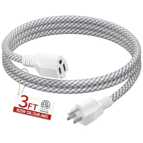 Skrizcable 16/3 3 FT Braided Extension Cord Indoor, 3 Prong Power Cable
