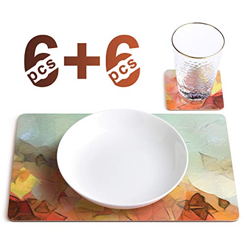 Firbon Table Placemats and Coaster Sets 6, 3-layer Functional Structure Creative Surface Cork Backed Wooden Placemat 14 x 9 Inches 12pcs