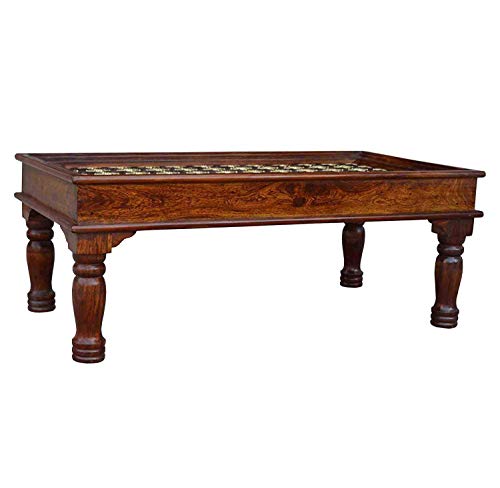 Image of Jangid Handicraft Sheesham Wood Rectangle Center Coffee Table for Living Room | Centre Table with Brass Chair Nails Design| Without Glass Top, Rosewood, Brown
