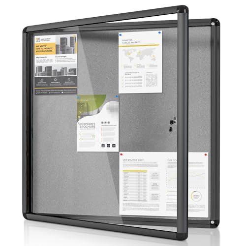 MAKELLO Lockable Notice Board 980x980mm, Temperproof Lockable Display Board for Office School Home Store Community Centre, Grey Felt, Black Aluminum Frame, 12xA4