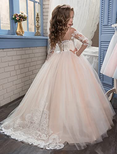 Abaowedding Lace Embroidery Sheer Long Sleeves Kids Trailing Gowns