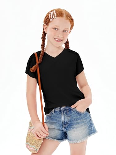 Image of Haloumoning Girls V Neck T-Shirts Kids Summer Swiss Dot Short Sleeve Tops Cute Fashion Tees 5-14 Years
