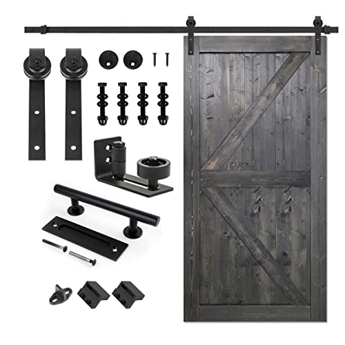 S&Z TOPHAND® 42 in x 84 in Deep Gray British Brace Knotty Pine Barn Door with 8FT Sliding Hardware Kit/Solid Wood/Simple Assembly is Required