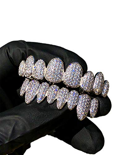 Shop-iGold 14k White Joker Gold Grillz for Mouth Top Bottom Hip Hop Teeth Grills for Teeth Mouth Grillz for Mouth Top Bottom Hip Hop 8 Teeth Prong Set Cz Diamonds Grills for Teeth Mouth Set