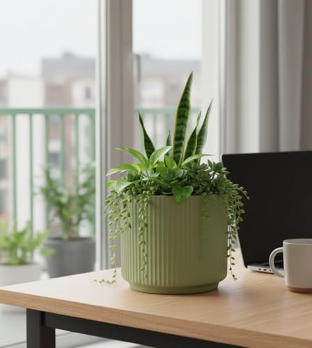 Image of Xtore Verdantique Ceramic Ribbed Planter | Soft-Tone Desk & Shelf Plant Pot for Home and Office - (Green, 1 Piece, Planter ONLY)