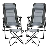 Giantex Set of 2 Patio Dining Chairs with Footstools, Folding Recliner Chairs with 7-Position Adjustable Backrest, Headrest, Mesh Bag, Outdoor Portable Lounge Chairs for Poolside Backyard, Grey