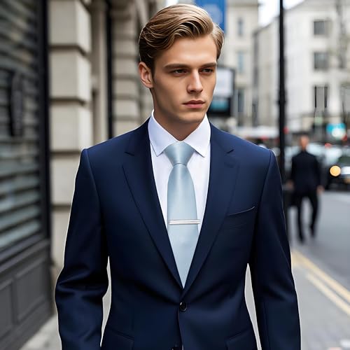 Image of YourTies Skinny Ties for Men Satin 2.4 inch Slim Necktie with Pocket Square Tie Clip Set Solid Color Wedding Party Business