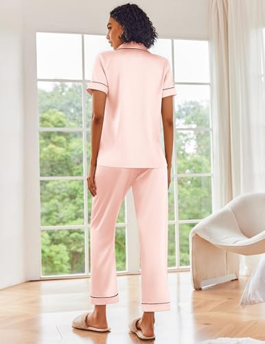 Image of Ekouaer 2 Piece Satin Short Sleeve Pajamas Set Button Down Sleepwear | Soft Pjs Set Classic Loungewear for Wedding, Party, Home, Daily Wear, Date Nights