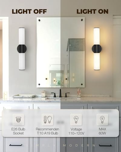 Image of 2-Light Bathroom Vanity Lighting Fixture, Black Wall Sconce with Opal White Glass, E26 Stocket Indoor Wall Lamp, Modern Mirror Light