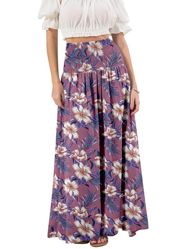 LiCot Womens Maxi Skirt High Waist Smocked Boho Flowy Print Casual Floral Long Skirts(Summer Hawaii,XL)
