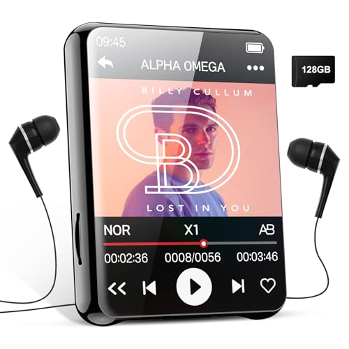 Taichaeu Lettore MP3 Bluetooth da 128 GB, dispositivo audio portatile con altoparlante integrato, display touch da 2,4, suono Hi-Fi e radio FM, inclusi auricolari e cover protettiva, per sport