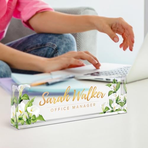 Image of Name Plate for Desk, Desk Name Plate Personalized, Office Decor for Women Men, Acrylic Desktop Accessories, Office Gifts for Boss Nurse Teacher Coworker, Employee Appreciation Gift (Purple Calla)