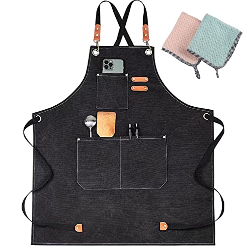 Jinshangtopk Chef Apron, Aprons For Men, Adjustable Strap Cotton Canvas Cross Back Apron With Large Pockets For Women And Men Kitchen Cooking Baking Bib Apron(Black) #TOP25