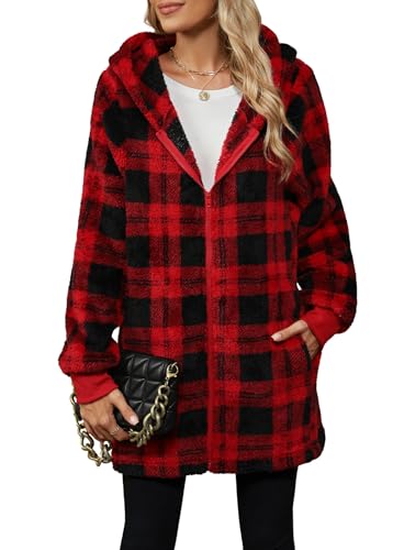 Yanekop Womens Sherpa Fall Jackets Fuzzy Fleece Fall Coats Plaid Long Zip Up Hoodie Causal Trendy...