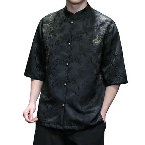 Chemise en lin homme col montant jacquard et boutons cuivre élégante