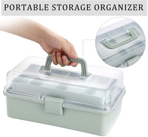 JuxYes 3 Layer Craft Organizer Plastic Folding Tool Box with Handle, Green - 2