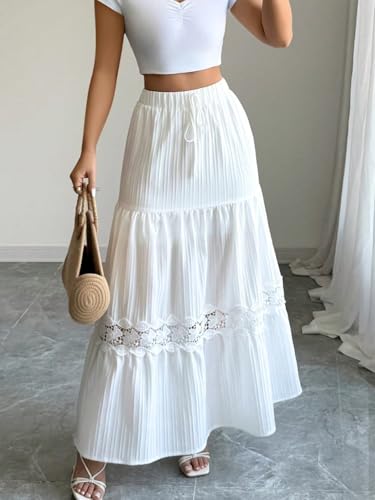Trend Women's Summer Basic Skirt A-Line French Lace Hem Drawstring Waist Long Skirts for Summer for Beach2