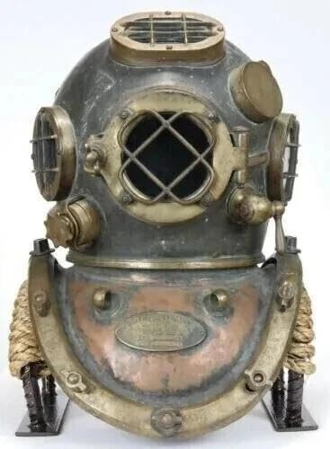 Antique Style Deep Sea Diver Helmet Replica – Mark V Marine Scuba Diving Helmet | Handcrafted Aluminum Brass Copper Finish | Nautical Home Decor Collectible with Display Stand
