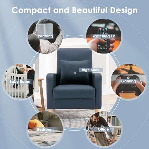 Image of COLAMY Modern Upholstered Accent Chair Armchair with Pillow, PU Leather Reading Living Room Side Chair,Single Sofa with Wood Legs, L-Blue