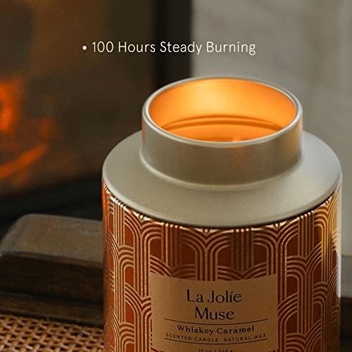 La Jolíe Muse Scented Candles for Mens Gift Set, Whiskey Caramel Natural Soy Wax Large Candle, Relaxation Gifts for Men 100 Hours Long Burning, Tin, 13Oz/369g