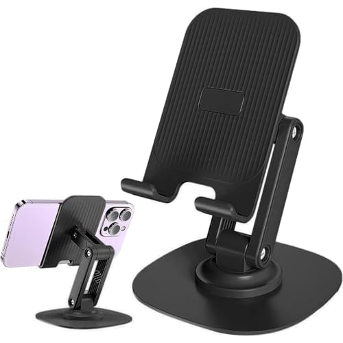 Image of DeskPro K7 Adjustable Mobile Phone Stand with Metal Base | Desktop Holder for Smartphones & Tablets | Anti-Slip Pad | Foldable and Angle Adjustable Design | Study Table Phone Dock - Black