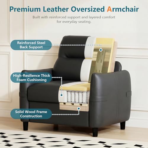 Image of STHOUYN Oversized Leather Accent Chairs for Living Room, Comfy Upholstered Deep Seat Armchair for Adults, Mid Century Modern Arm Chair for Office, Bedroom, Apartment, Reading & Waiting Room (2, Black)