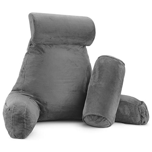 Clara Clark Lectura, Almohada de Descanso en Cama con Brazos para niños, Adolescentes y Adultos TV de Espuma viscoelástica triturada, Gris, Premium Large