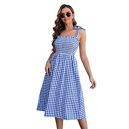 XYFCJK Kariertes Vintage-Trägerkleid Für Damen - Süßes Kurzes Karokleid Mit Schleifenschnürung, A-Linien-Swing-Kleid Mit Hoher Taille Und...