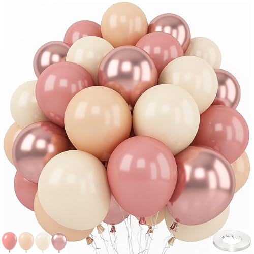 Image of 60pcs Dusty Pink Balloons 12 Inch Blush Pink Dusty Rose Nude Balloons Ivory White Metallic Rose Gold Decorations for Boho Baby Shower Girl Birthday Party Wedding Bridal Shower Party Decorations