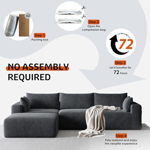 Image of 108 inch Boneless Couch Modular Sectional Sofa for Living Room, L Shaped Cloud Couch with Deep Seat Chaise, No Assembly Required Foam Sleeper Sofa for Apartments, Plush Corduroy Fabric, Dark Grey