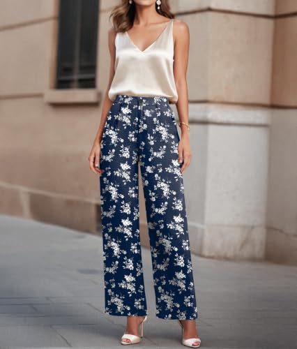 Image of Feiersi Womens Casual Wide Leg Pants High Waisted Button Down Straight Long Trousers Palazzo Pants