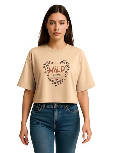 Image of HELLCAT Beige Printed Loose Fit Crew-Neck Crop T-Shirt for Women