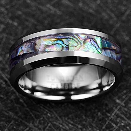 Vakki Men's Polished Beveled Edge Tungsten Carbide Ring With Natural Abalone Shell Inlay Size 9 #TOP4