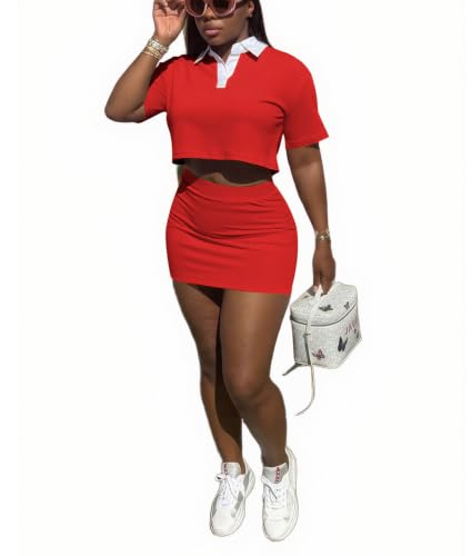 Image of HBQ Women's Casual 2 Piece Skirt Sets Polo Collar Crop Top Striped Mini Dress Summer Vacation-Stripe