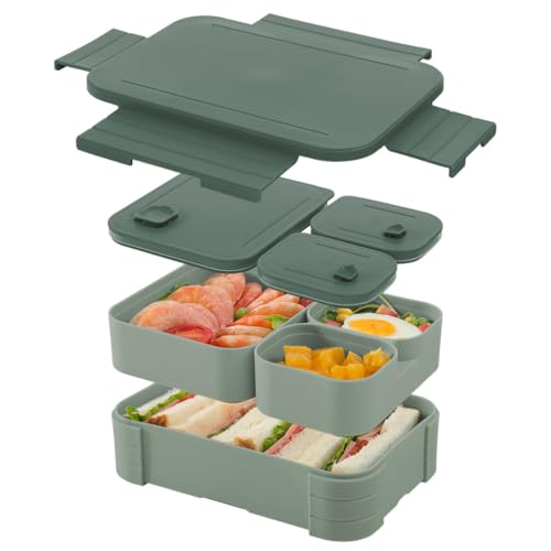 Image of YELONA Bento Lunch Box - 1100 ML for Adults & Kids | 3 Compartment Food Container with Separate Lids | Leakproof, Microwave Safe, PP5 BPA-Free for Office, School & Travel (Dark Green)