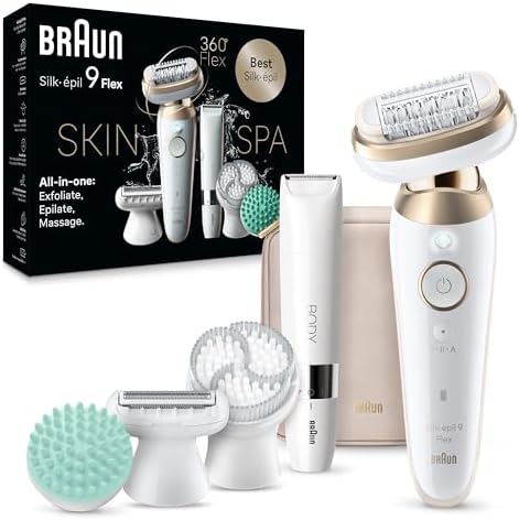 Braun Epilator Silk-épil 9 Flex SkinSpa, Hair Removal Device, 360 Flex and Pivoting Head, Wet and Dry, Includes Shaver Head, Trimmer Comb, Massage Pad, Exfoliation Brush and BodyTrimmer, SES9-481 3D