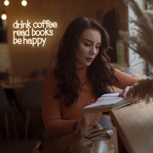 Image of Looklight Drink Coffee Read Books Be Happy Neon Sign Warm White Read Books Led Neon Light for Wall Decor Dimmable USB Neon Light Up Signs for Classroom Coffee Shop Bookstore Library Museum Study Room