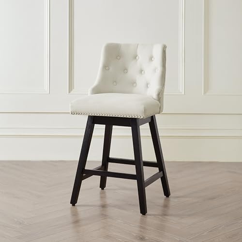 Swivel Counter Height Bar Stools with Back, 26” Upholstered Barstools Set of 1, Mid Century Morden Counter Height Chairs with Wood Legs for Kitchen Island, Home Bar, White