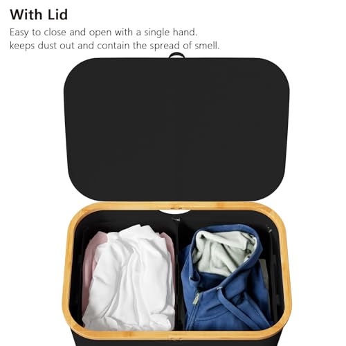 SpaceAid Double Laundry Hamper 2 Section with Lid and Removable Laundry Bags, 160L Clothes Basket with Bamboo Handles, Large Collapsible Hamper for Bedroom, Bathroom, Dorm, Laundry Room - Black