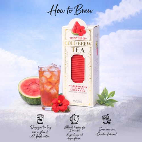 Image of Life Plus Style Gourmet Happy Tea Company Watermelon Hibiscus Green Tea Naturally Refreshing Cold Brew Tea Low Caffeine No Sugar Added Enjoy 40 Individually Wrapped Iced Tea Bags